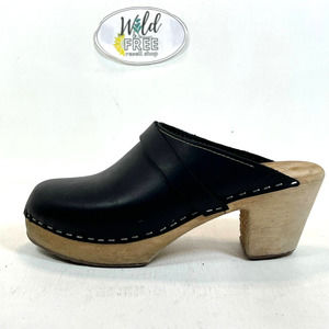 Old School Wooden Mid Heel Clog mule Platform shoe- Black leather -Women 38